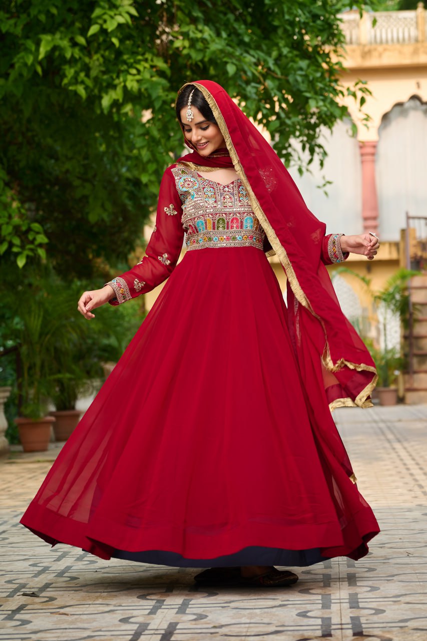 Ceremony Wear Maroon Color Embroidered Work Beautiful Gown