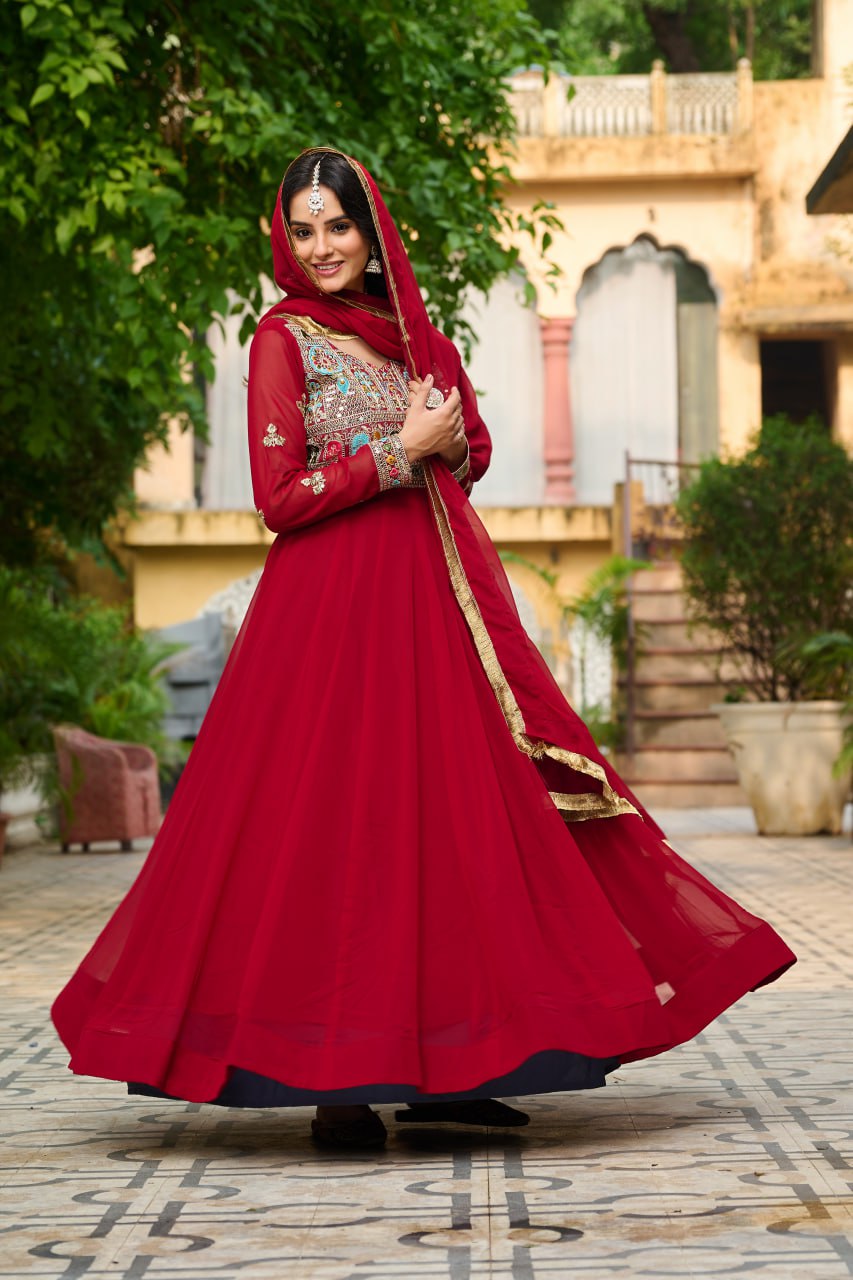 Ceremony Wear Maroon Color Embroidered Work Beautiful Gown
