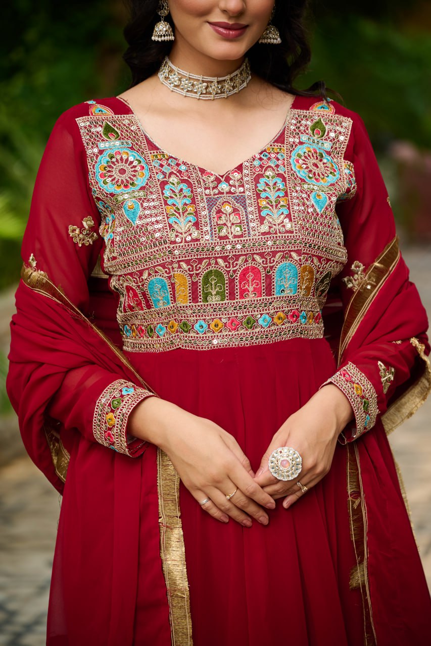 Ceremony Wear Maroon Color Embroidered Work Beautiful Gown