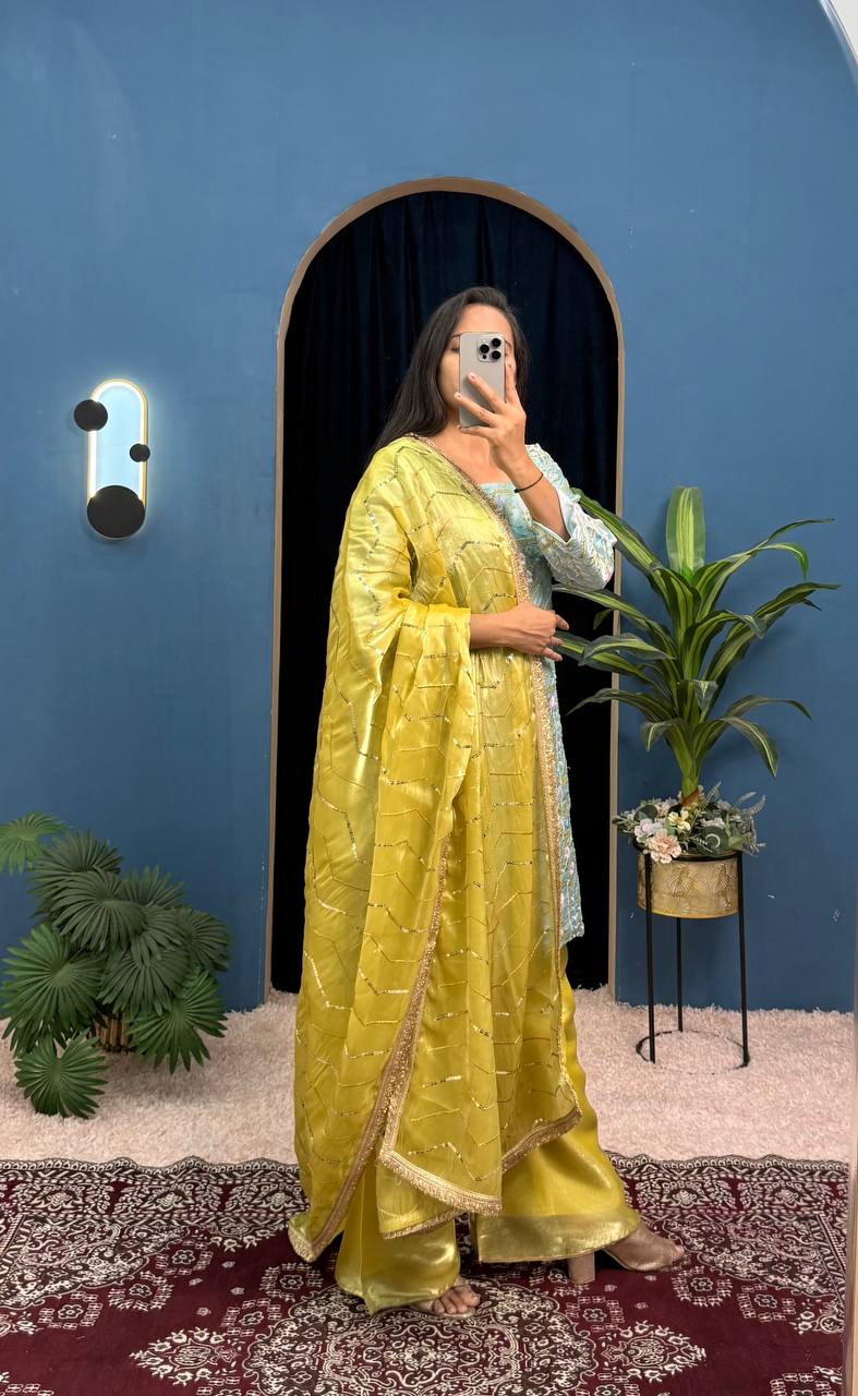 Wedding Wear Mustard And Green Jimmy Choo With Front And Back Side Embroidery Work Palazzo Suit