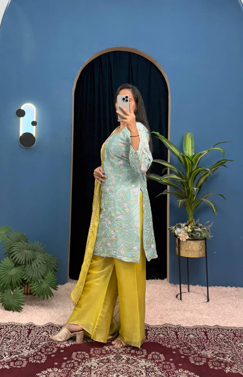 Wedding Wear Mustard And Green Jimmy Choo With Front And Back Side Embroidery Work Palazzo Suit