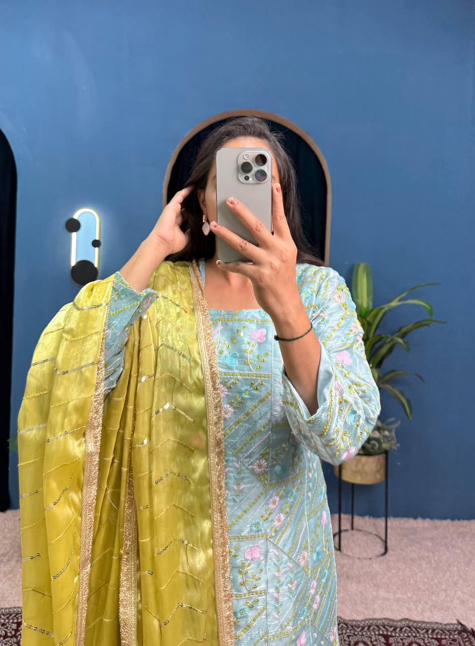 Wedding Wear Mustard And Green Jimmy Choo With Front And Back Side Embroidery Work Palazzo Suit