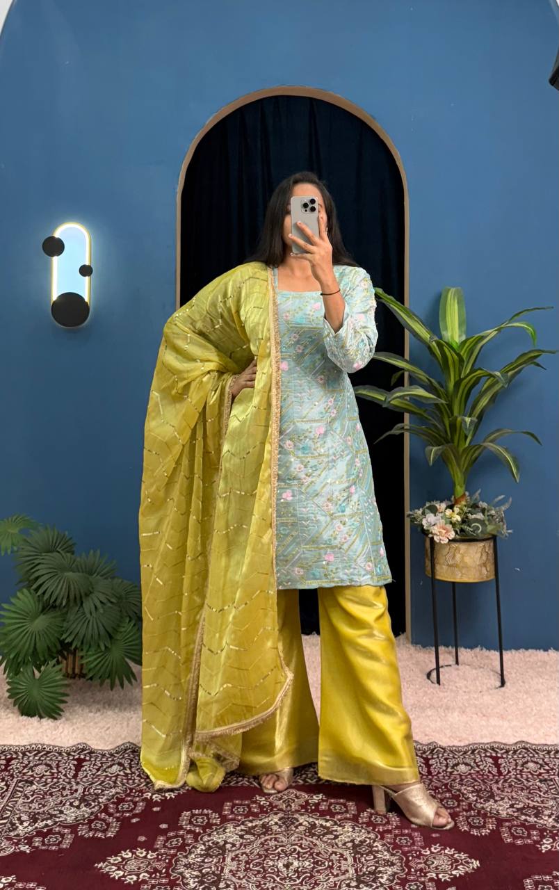 Wedding Wear Mustard And Green Jimmy Choo With Front And Back Side Embroidery Work Palazzo Suit