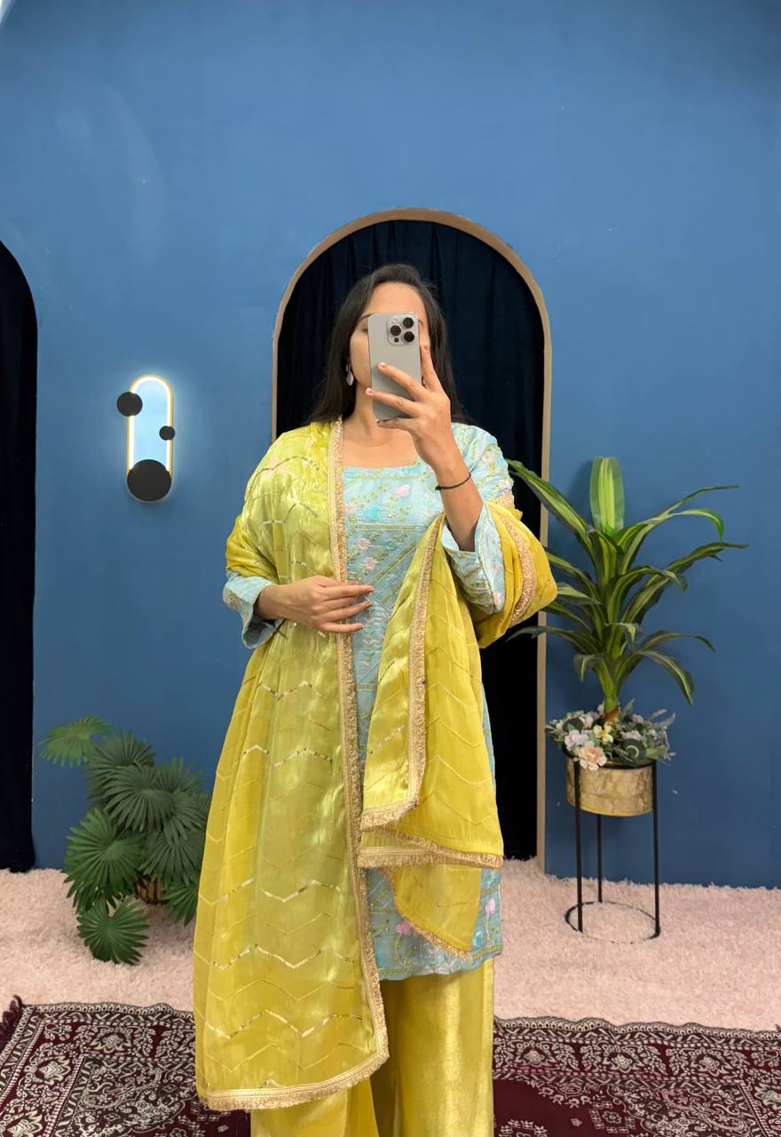 Wedding Wear Mustard And Green Jimmy Choo With Front And Back Side Embroidery Work Palazzo Suit