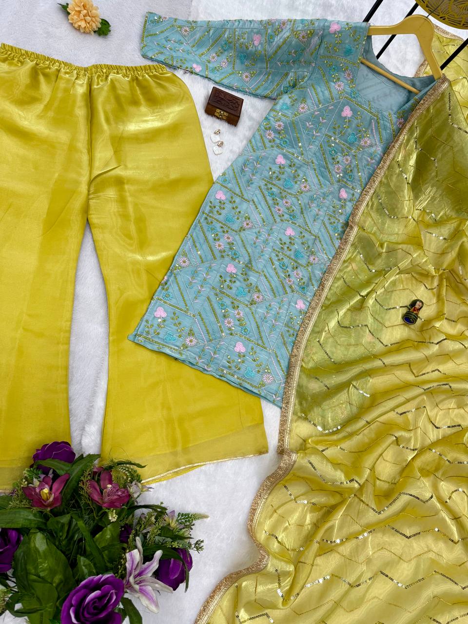 Wedding Wear Mustard And Green Jimmy Choo With Front And Back Side Embroidery Work Palazzo Suit
