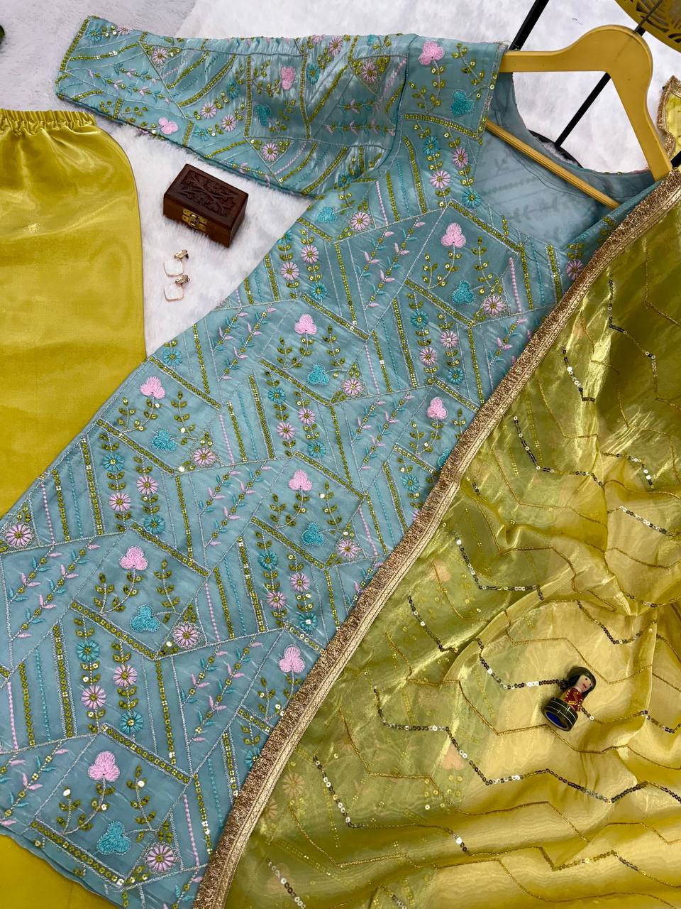 Wedding Wear Mustard And Green Jimmy Choo With Front And Back Side Embroidery Work Palazzo Suit
