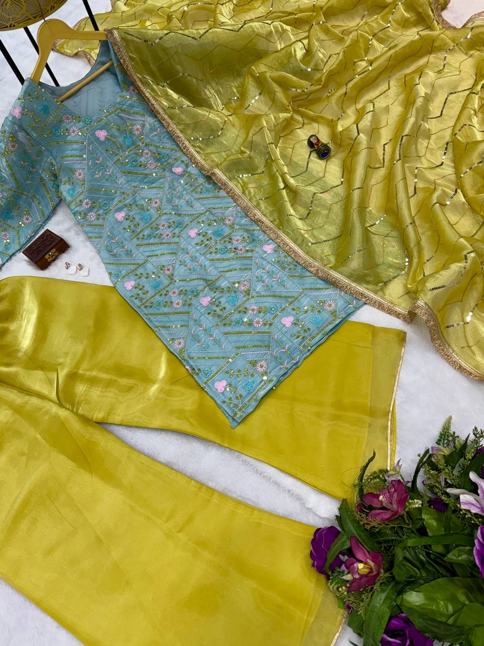 Wedding Wear Mustard And Green Jimmy Choo With Front And Back Side Embroidery Work Palazzo Suit