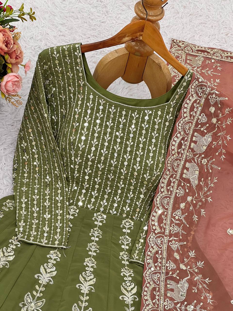 Festive Wear Faux Georgette with Heavy Embroidery Sequin Work Palazzo Suit