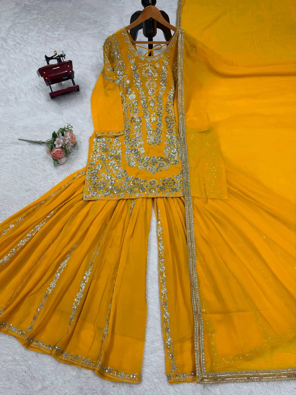Haldi Wear Yellow Color Thread With Sequin Embroidery Work Sharara Suit