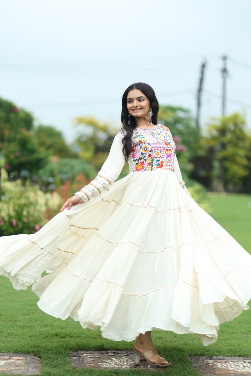 Garba Night Off White Color Multi-Thread Embroidery And Gota Patti Work Navratri Gown