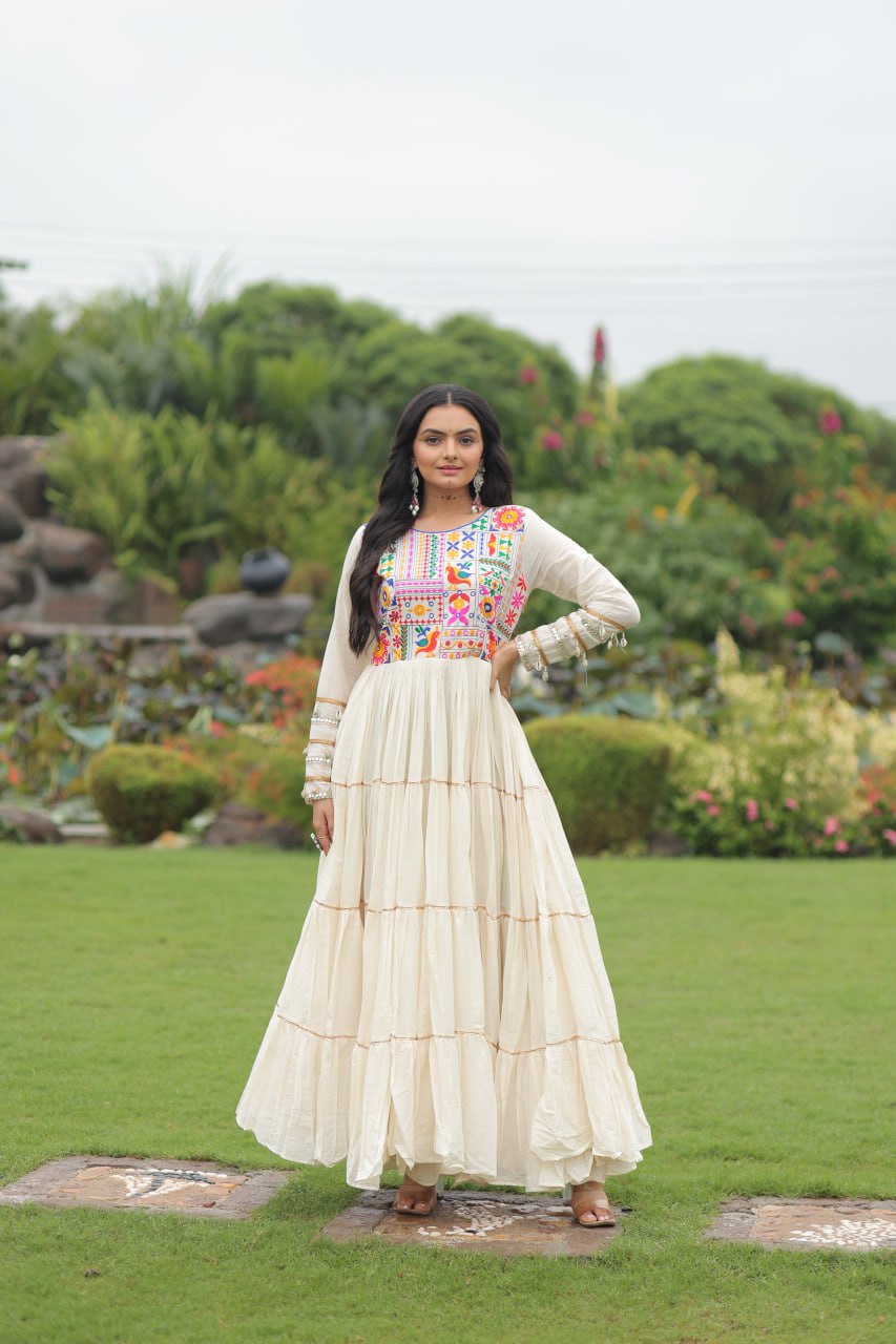 Garba Night Off White Color Multi-Thread Embroidery And Gota Patti Work Navratri Gown