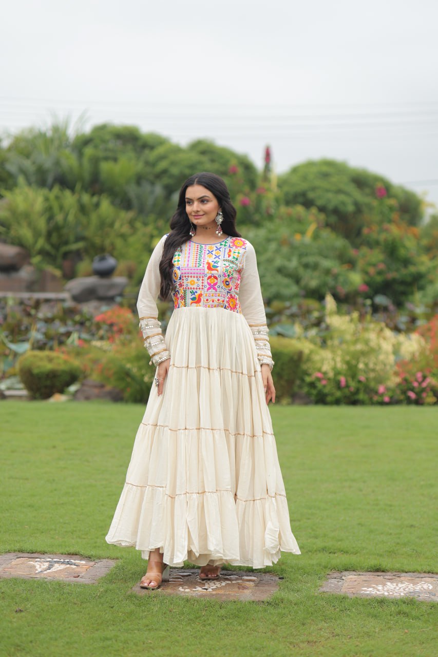Garba Night Off White Color Multi-Thread Embroidery And Gota Patti Work Navratri Gown