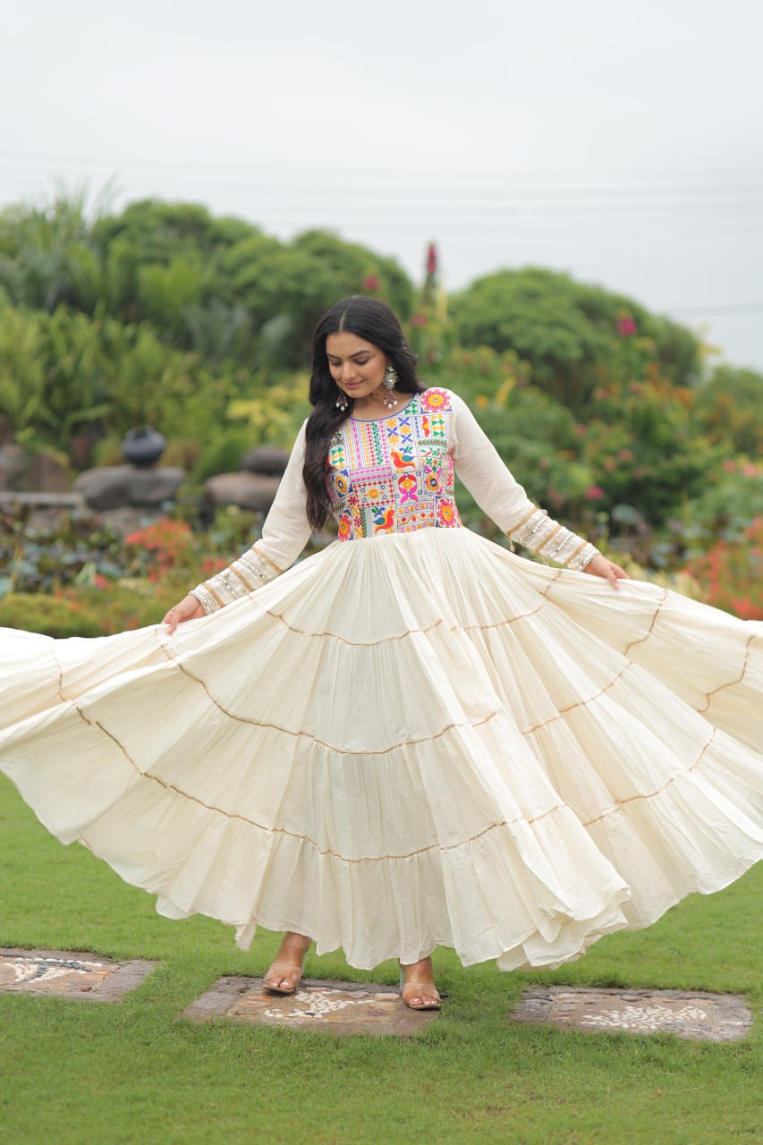 Garba Night Off White Color Multi-Thread Embroidery And Gota Patti Work Navratri Gown