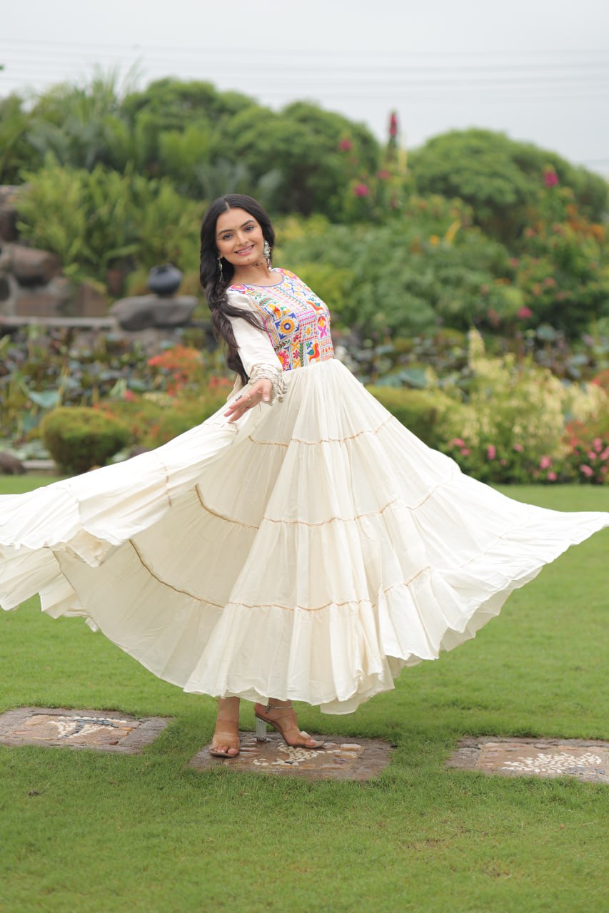 Garba Night Off White Color Multi-Thread Embroidery And Gota Patti Work Navratri Gown
