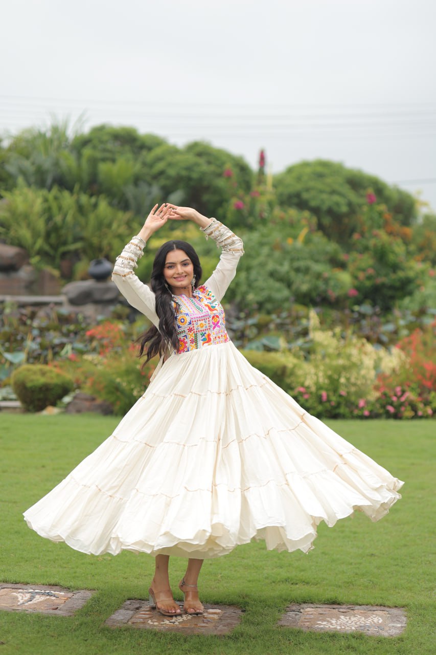 Garba Night Off White Color Multi-Thread Embroidery And Gota Patti Work Navratri Gown