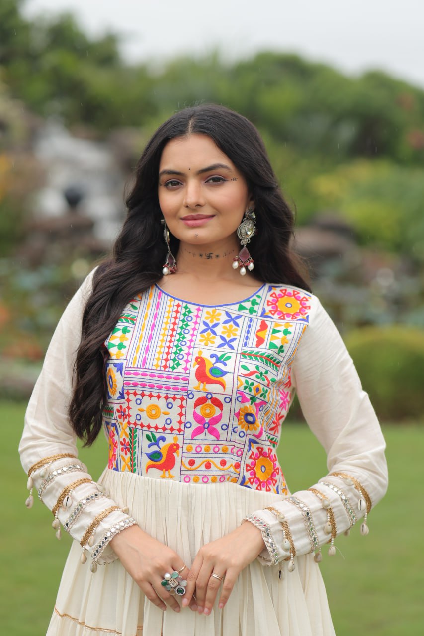 Garba Night Off White Color Multi-Thread Embroidery And Gota Patti Work Navratri Gown