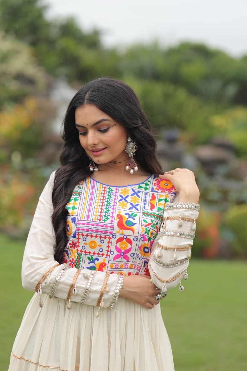 Garba Night Off White Color Multi-Thread Embroidery And Gota Patti Work Navratri Gown