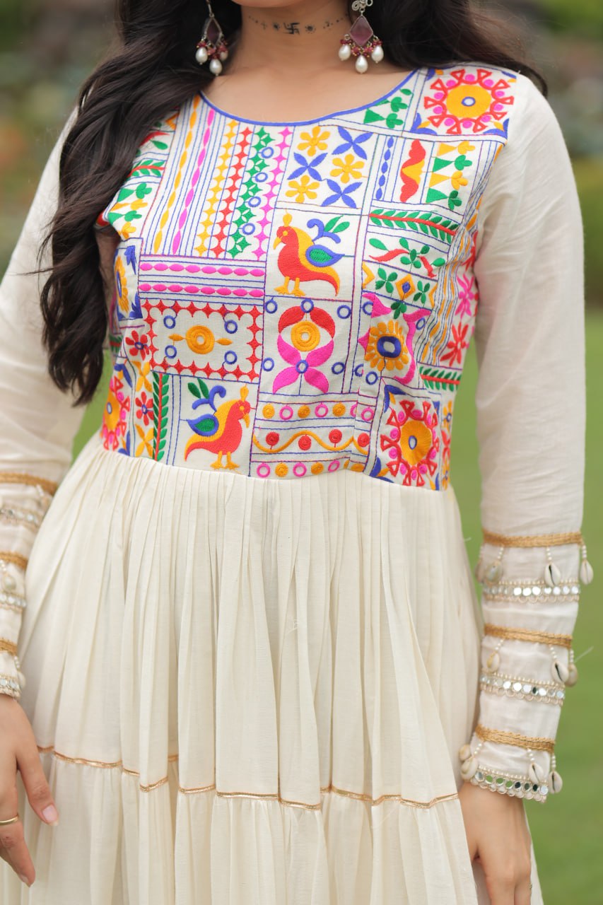 Garba Night Off White Color Multi-Thread Embroidery And Gota Patti Work Navratri Gown