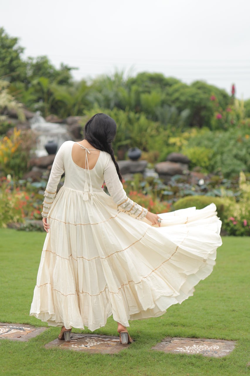Garba Night Off White Color Multi-Thread Embroidery And Gota Patti Work Navratri Gown