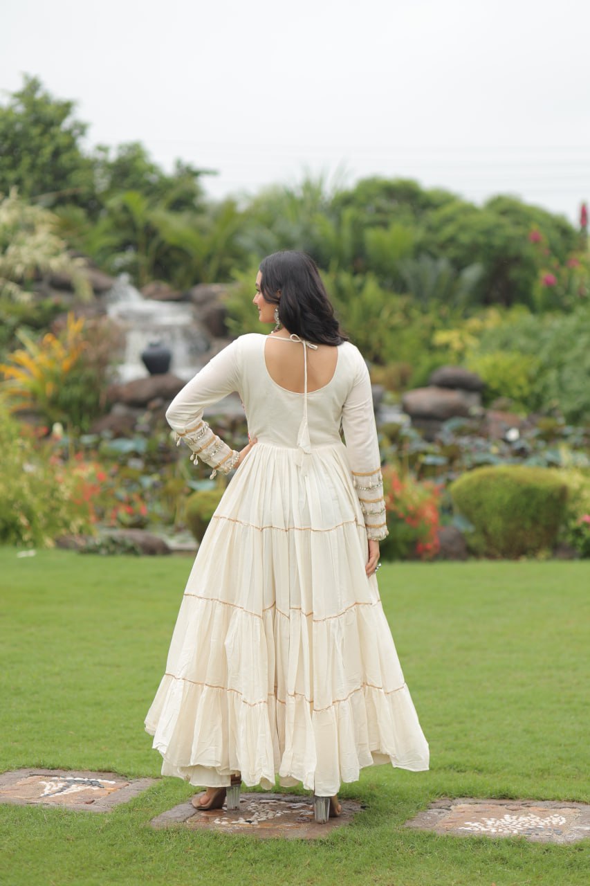 Garba Night Off White Color Multi-Thread Embroidery And Gota Patti Work Navratri Gown