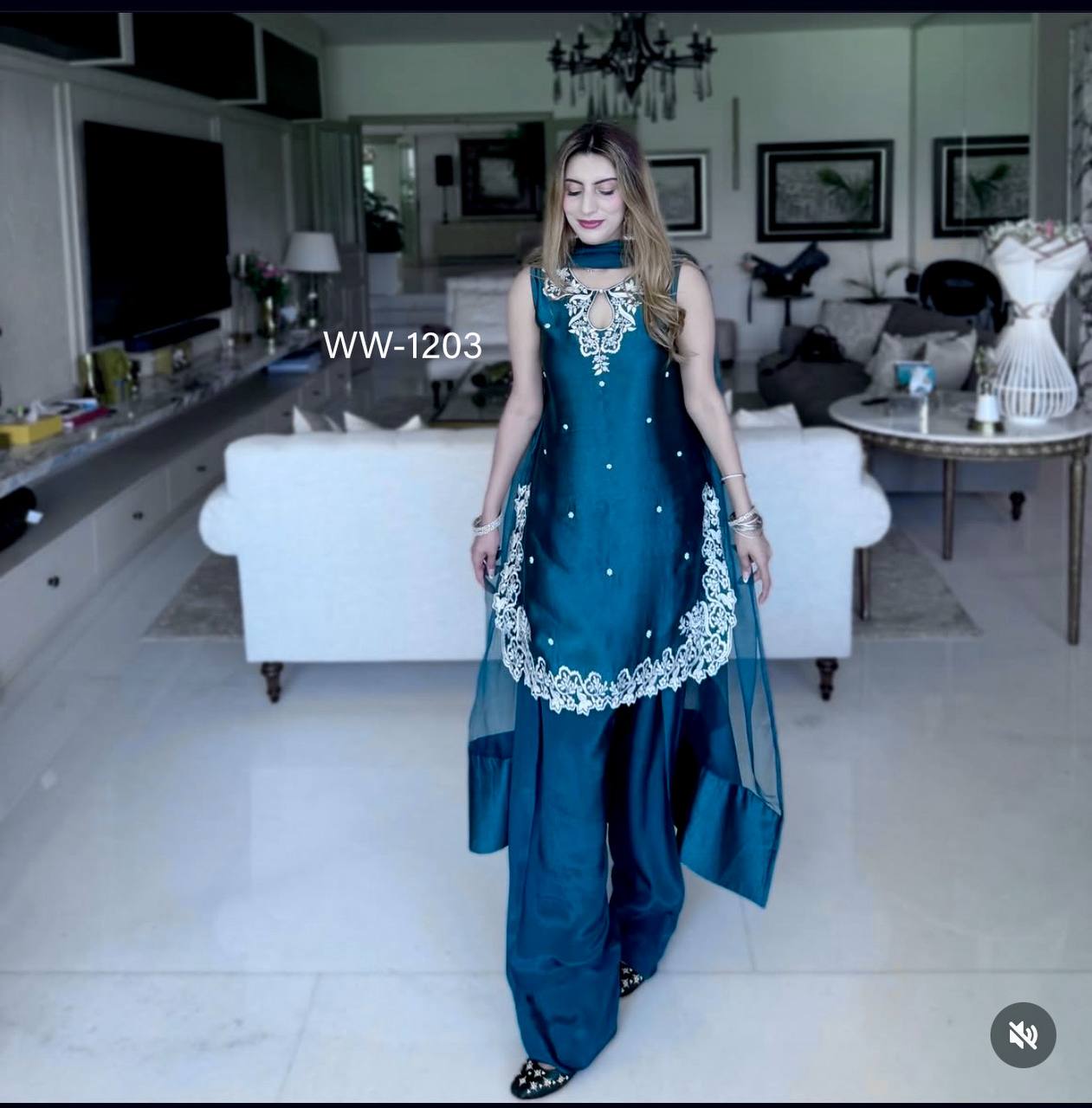 Function Wear Teal Blue Thread Embroidery Work Top With Palazzo