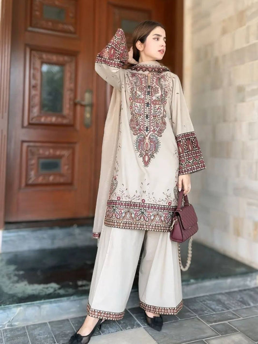 Wedding Wear Cream Color Embroidery Work Beautiful Palazzo Suit