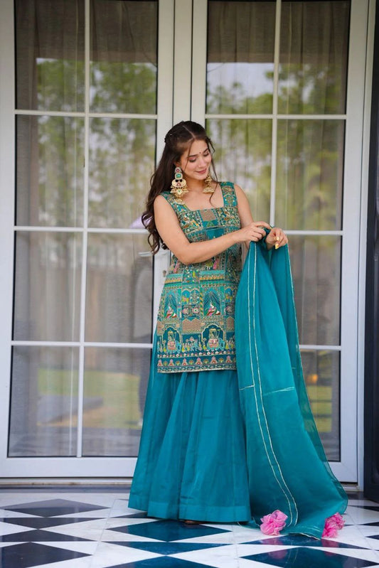 Party Wear Sky Blue Color Digital Printed Palazzo Suit