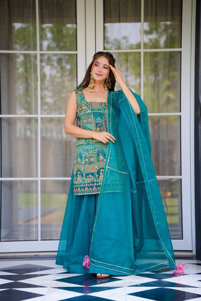 Party Wear Sky Blue Color Digital Printed Palazzo Suit