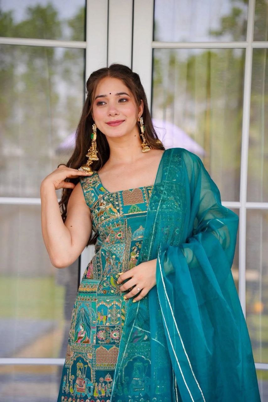 Party Wear Sky Blue Color Digital Printed Palazzo Suit