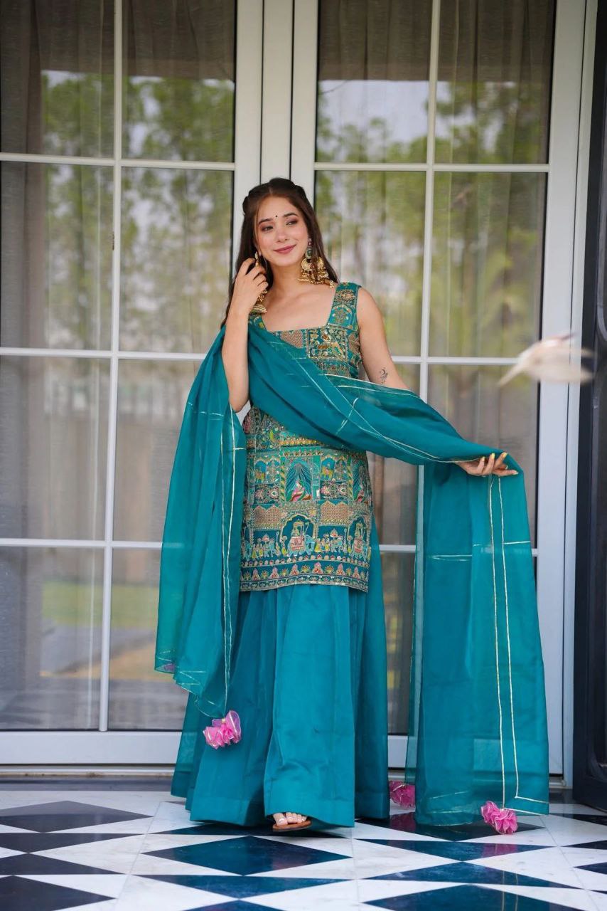 Party Wear Sky Blue Color Digital Printed Palazzo Suit