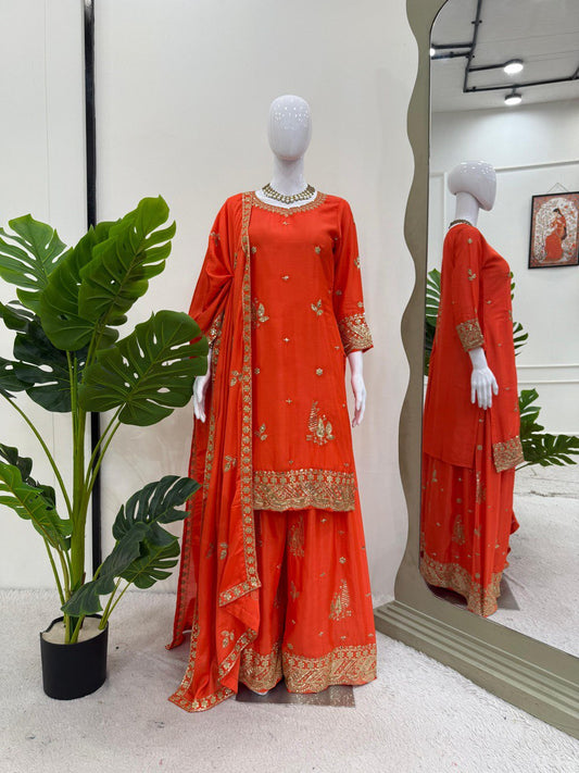 Function Wear Orange Color Thread And Sequin Embroidery Work Beautiful Palazzo Suit