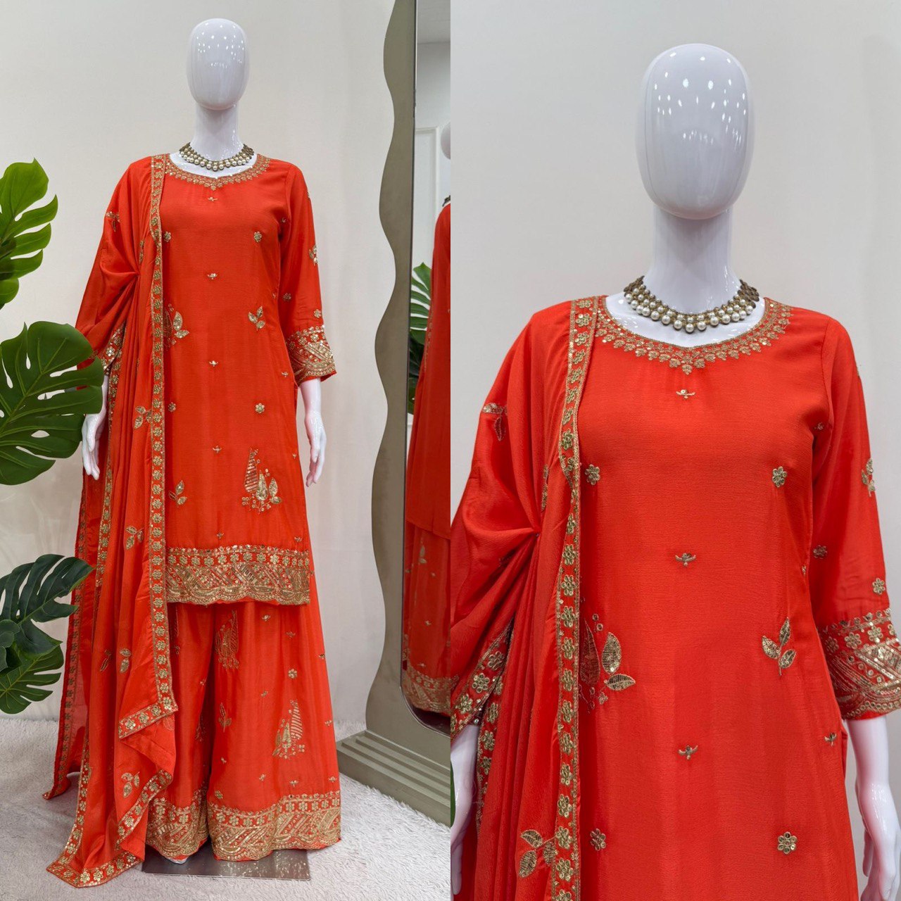 Function Wear Orange Color Thread And Sequin Embroidery Work Beautiful Palazzo Suit