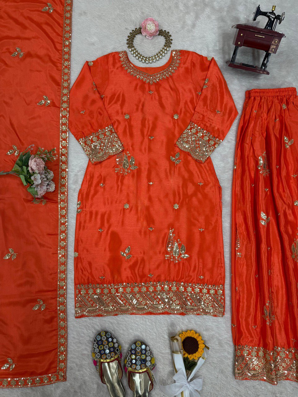 Function Wear Orange Color Thread And Sequin Embroidery Work Beautiful Palazzo Suit