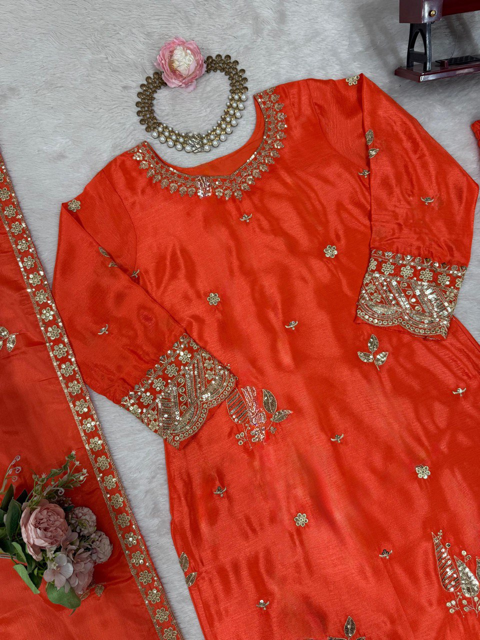 Function Wear Orange Color Thread And Sequin Embroidery Work Beautiful Palazzo Suit