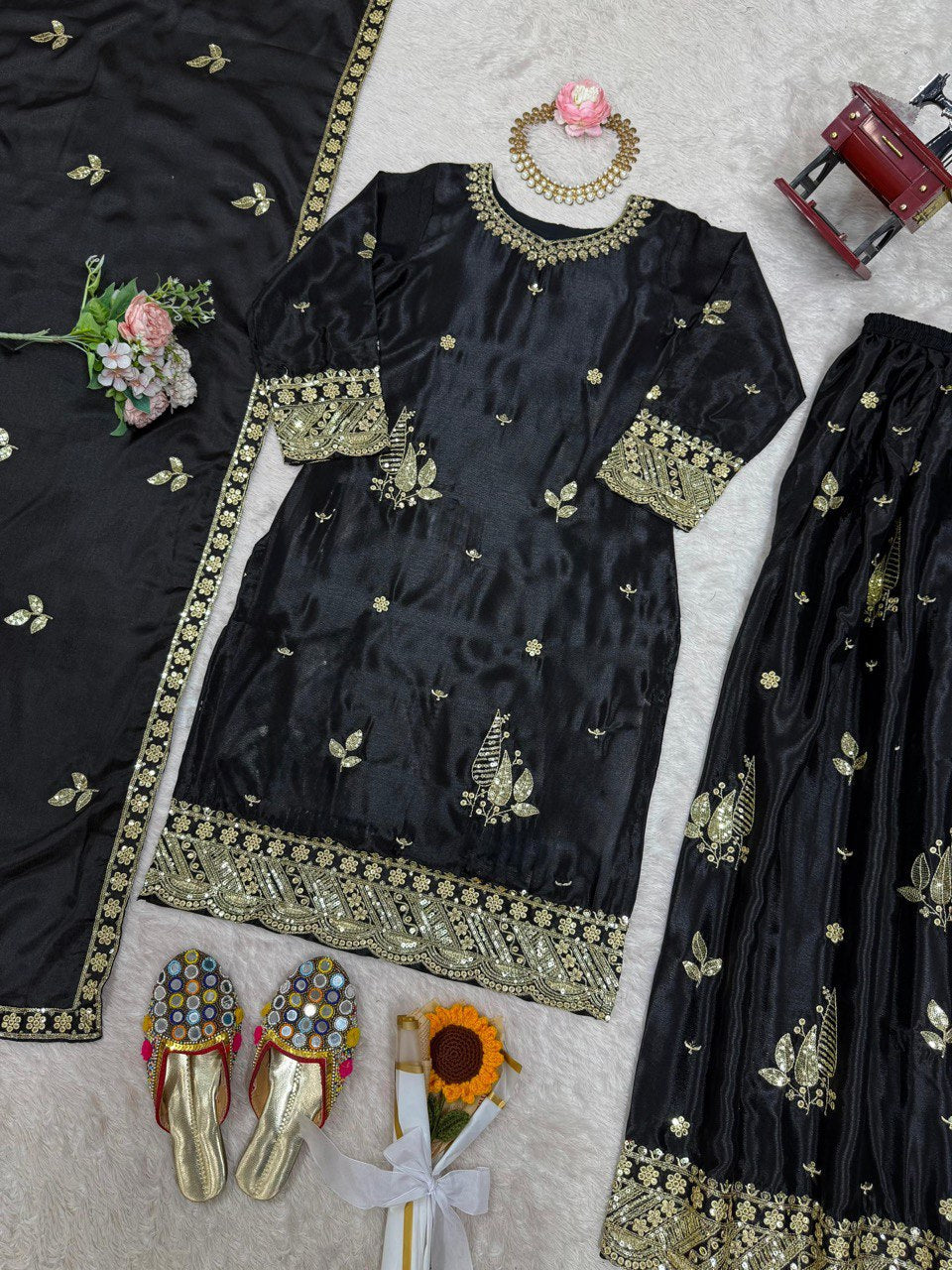 Festive Wear Black Color Thread And Sequin Embroidery Work Beautiful Palazzo Suit