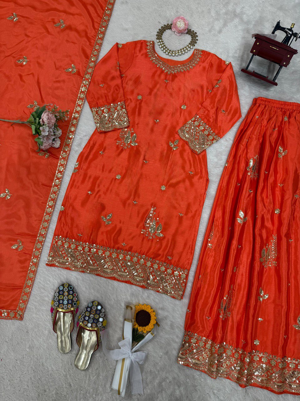 Function Wear Orange Color Thread And Sequin Embroidery Work Beautiful Palazzo Suit