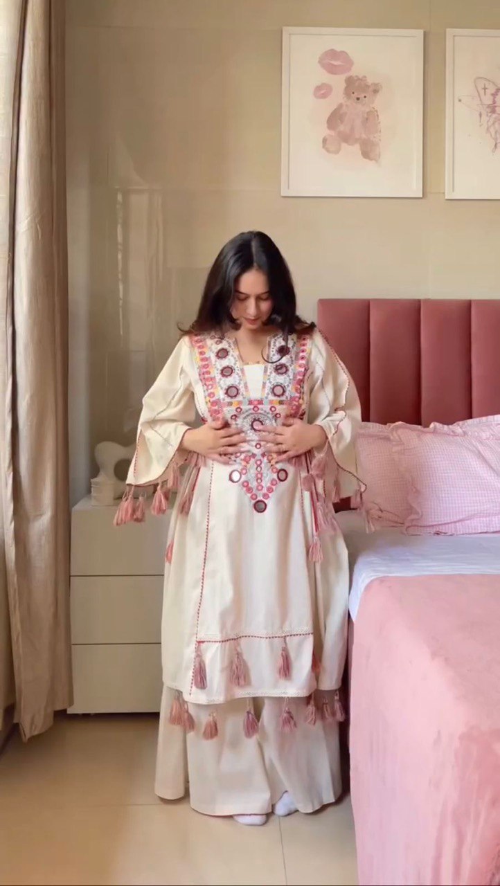 Occasion Wear Off White Color Embroidery With Real Mirror Work Beautiful Palazzo Suit