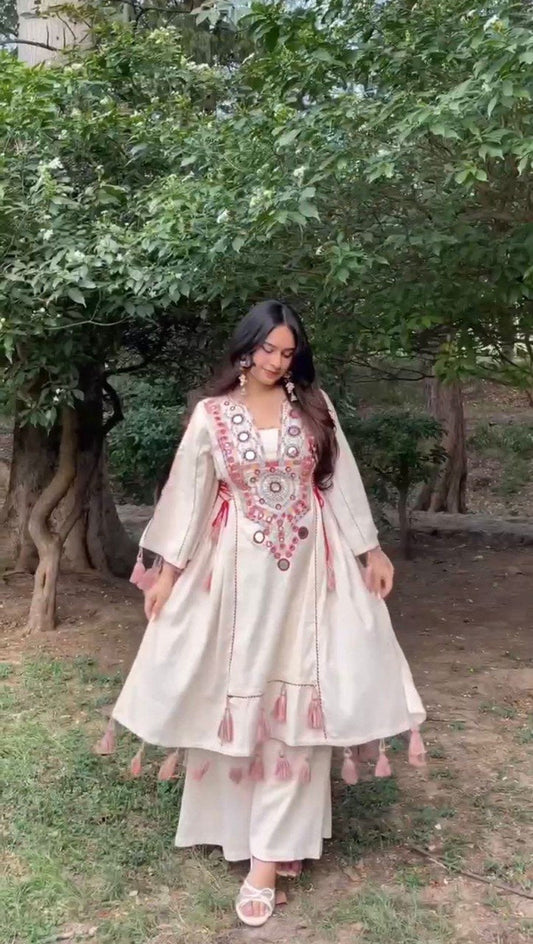 Occasion Wear Off White Color Embroidery With Real Mirror Work Beautiful Palazzo Suit
