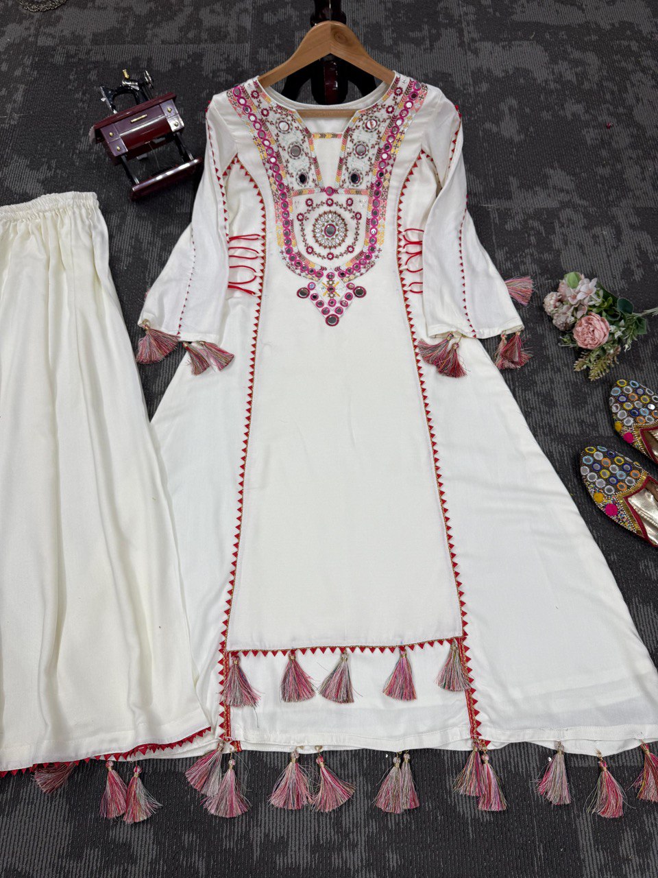 Occasion Wear Off White Color Embroidery With Real Mirror Work Beautiful Palazzo Suit
