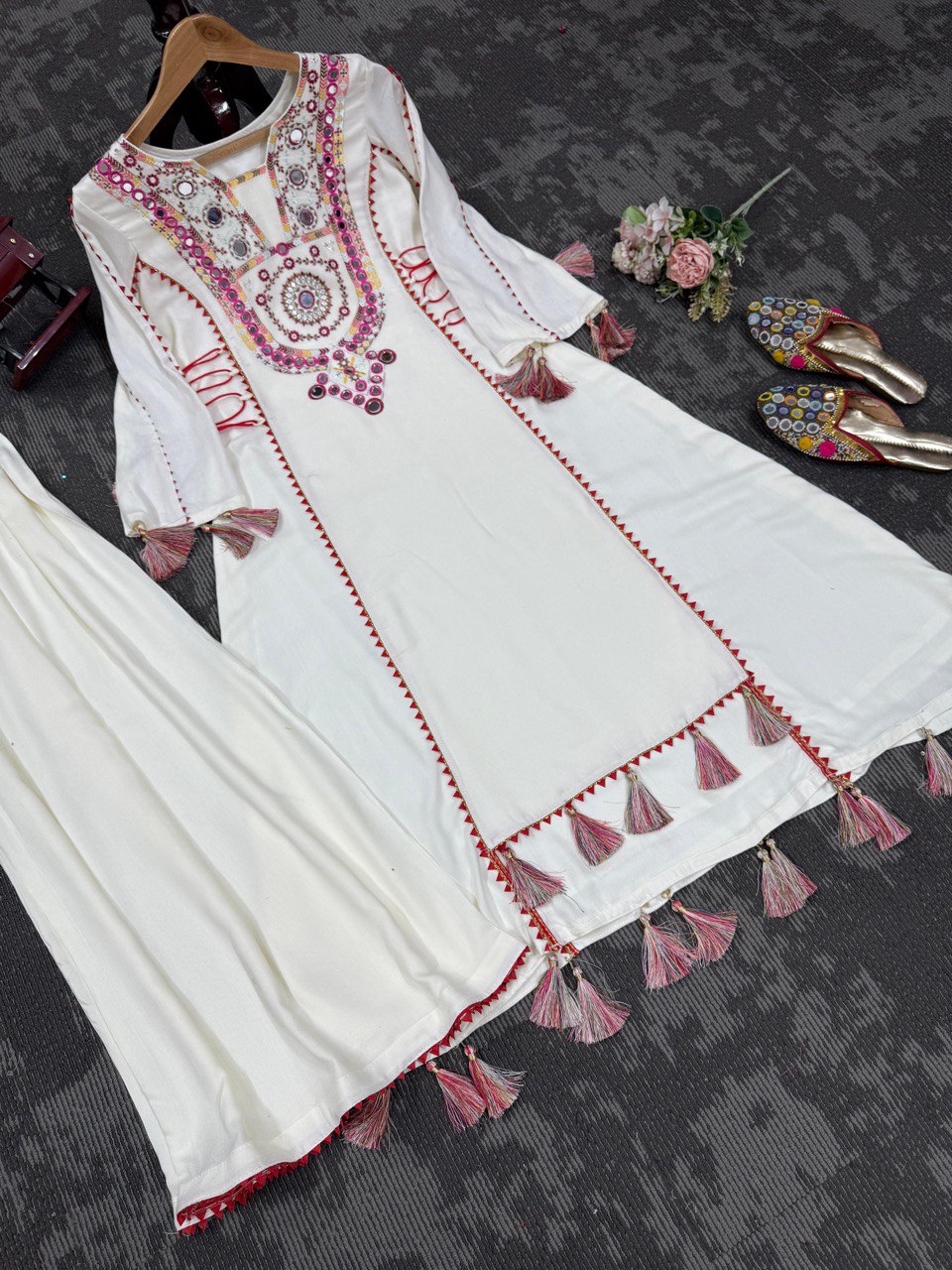 Occasion Wear Off White Color Embroidery With Real Mirror Work Beautiful Palazzo Suit