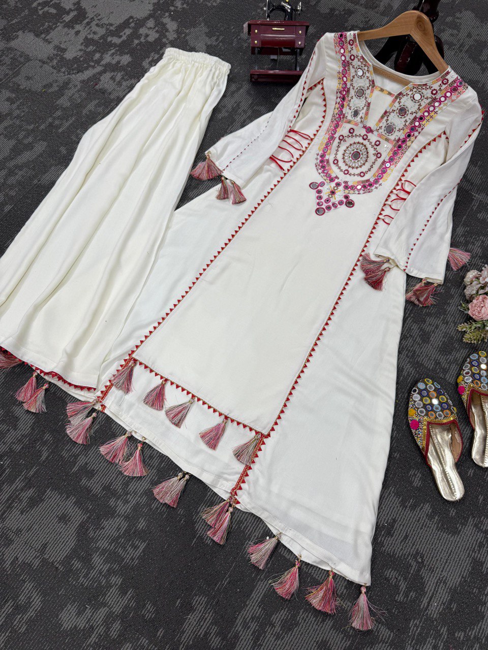 Occasion Wear Off White Color Embroidery With Real Mirror Work Beautiful Palazzo Suit