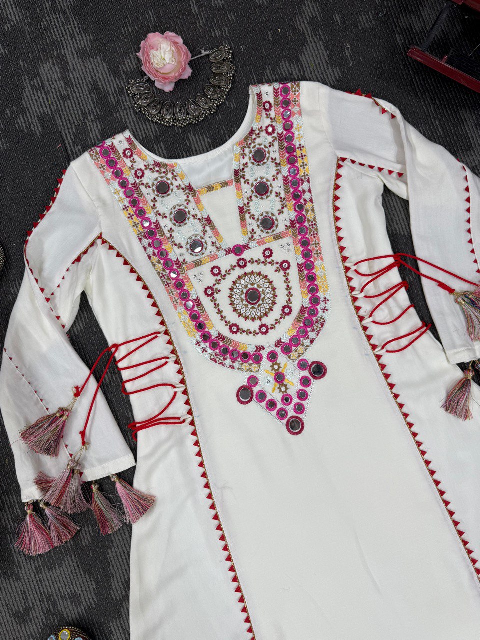 Occasion Wear Off White Color Embroidery With Real Mirror Work Beautiful Palazzo Suit