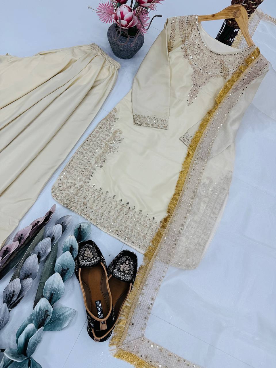 Ceremony Wear Cream Color Heavy French Crepe Embroidery Coding And Sequin Work Palazzo Suit