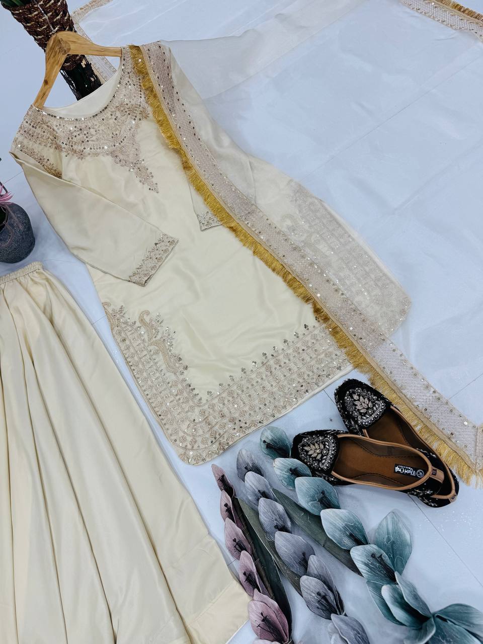 Ceremony Wear Cream Color Heavy French Crepe Embroidery Coding And Sequin Work Palazzo Suit
