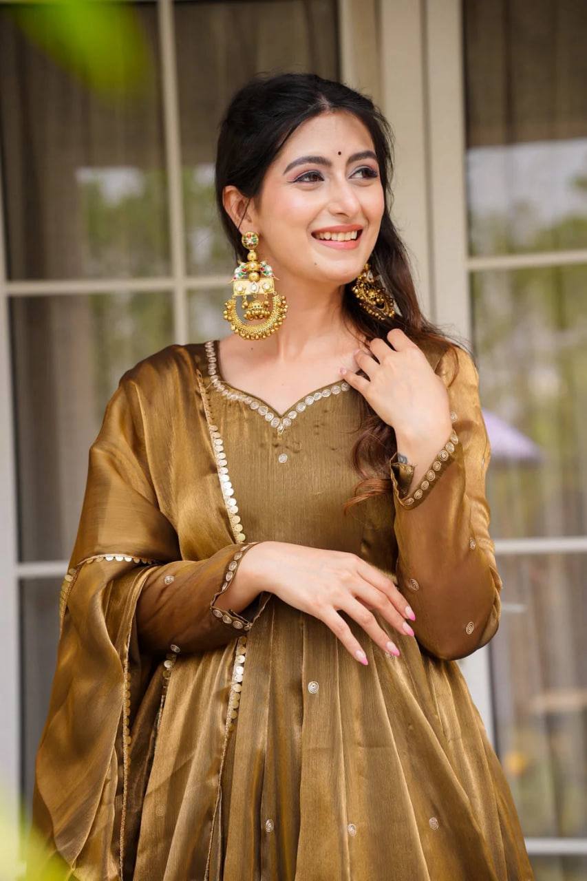 Festive Wear Golden Mustard Color Thread Embroidery Work Beautiful Gown