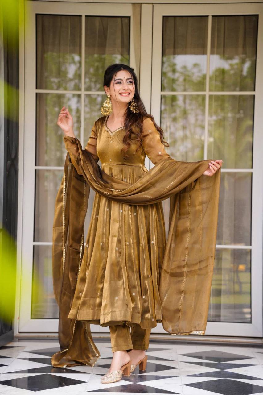 Festive Wear Golden Mustard Color Thread Embroidery Work Beautiful Gown