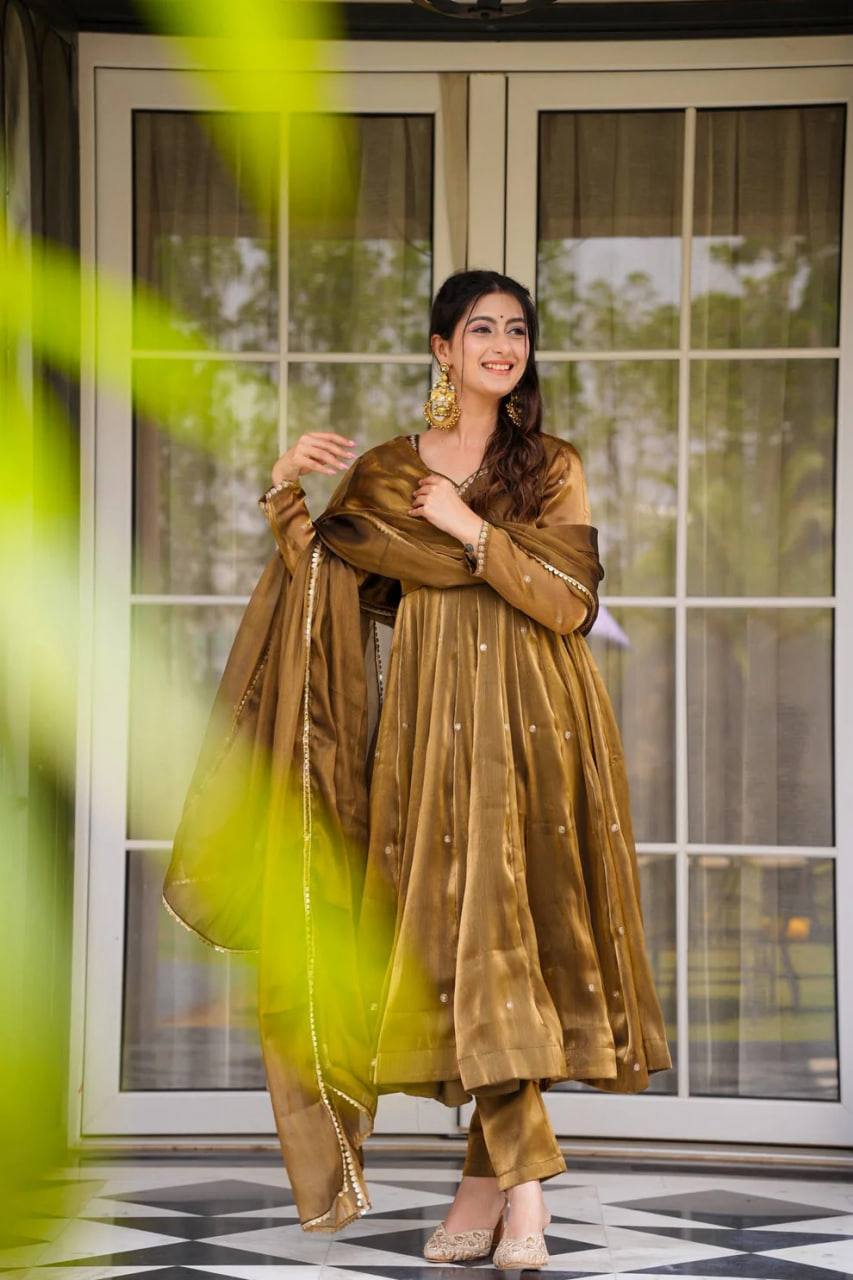 Festive Wear Golden Mustard Color Thread Embroidery Work Beautiful Gown