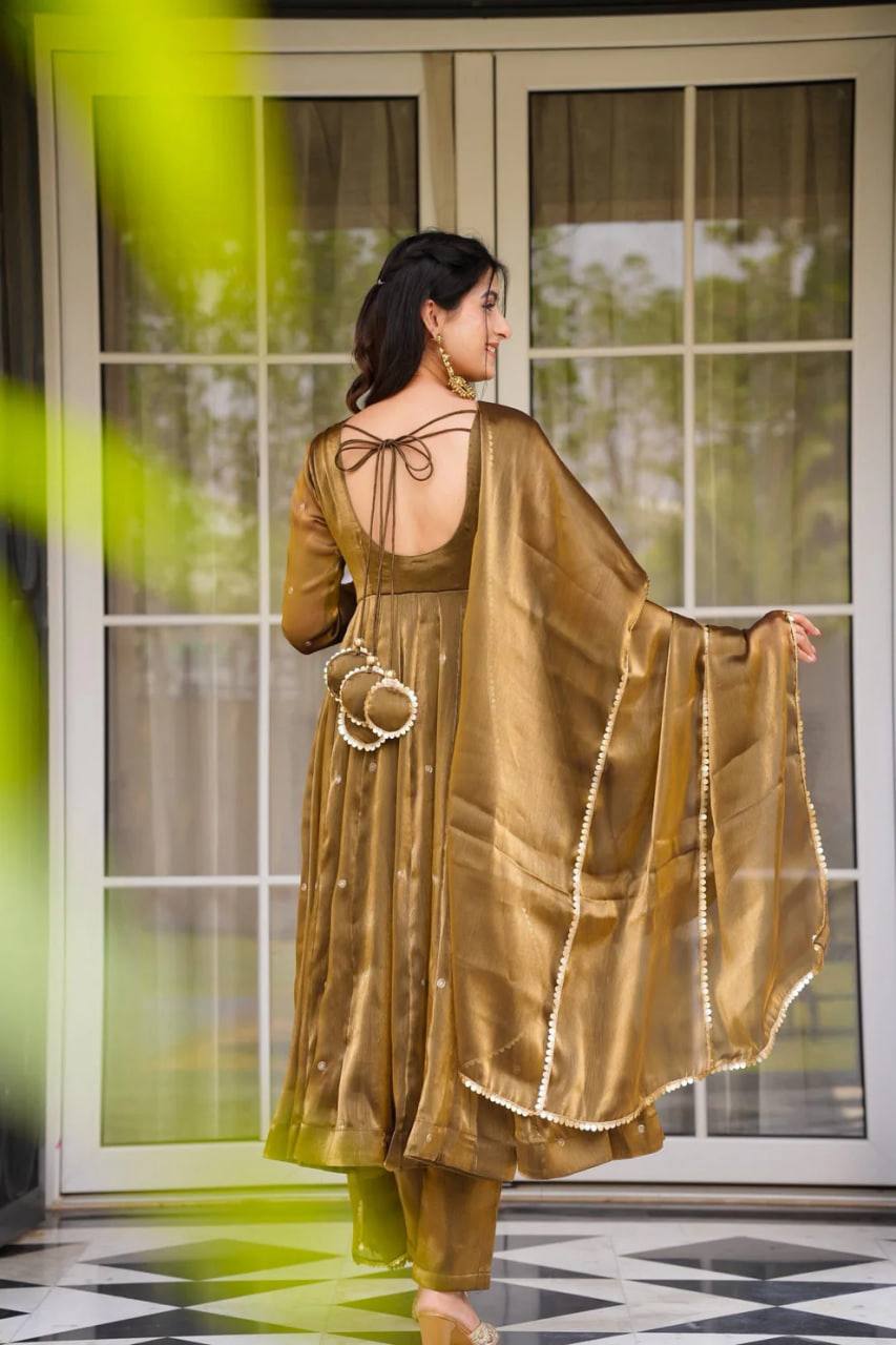 Festive Wear Golden Mustard Color Thread Embroidery Work Beautiful Gown