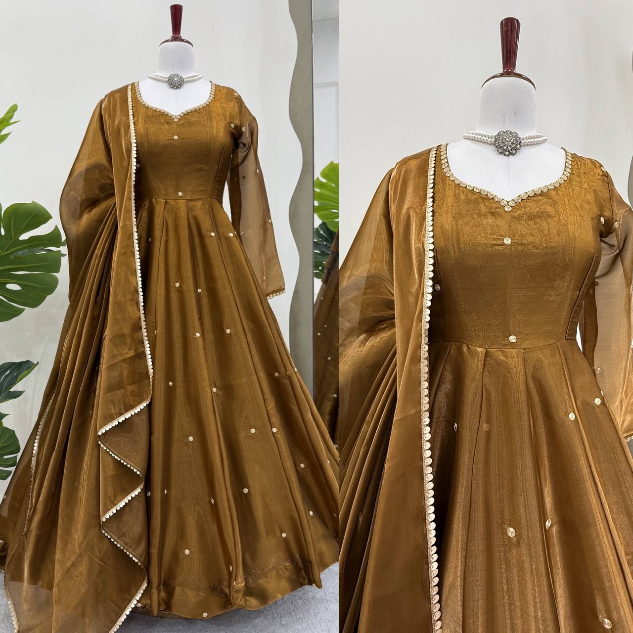 Festive Wear Golden Mustard Color Thread Embroidery Work Beautiful Gown