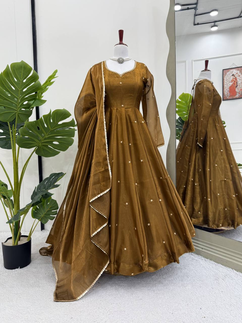 Festive Wear Golden Mustard Color Thread Embroidery Work Beautiful Gown
